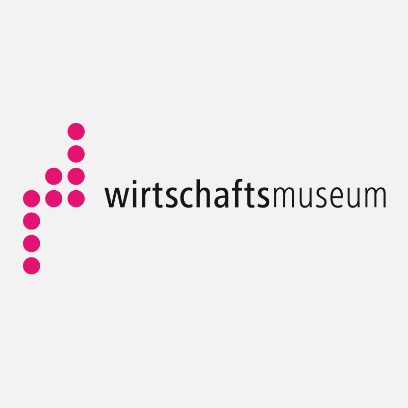 Animiertes Logo des Wirtschaftsmuseum Wien: pinke Kreise bilden unterschiedliche Balkendiagramme