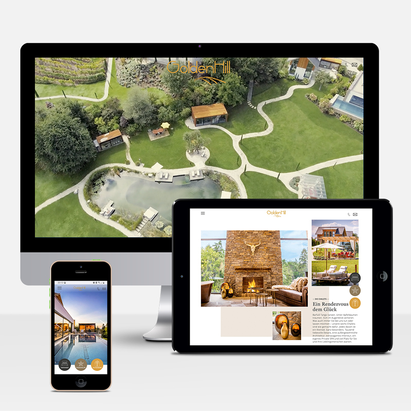 Responsive Webseite der Golden Hill Chalets, Bilder von Kamin, Pool und schönem Park auf Computer, Tablet und Mobiltelefon